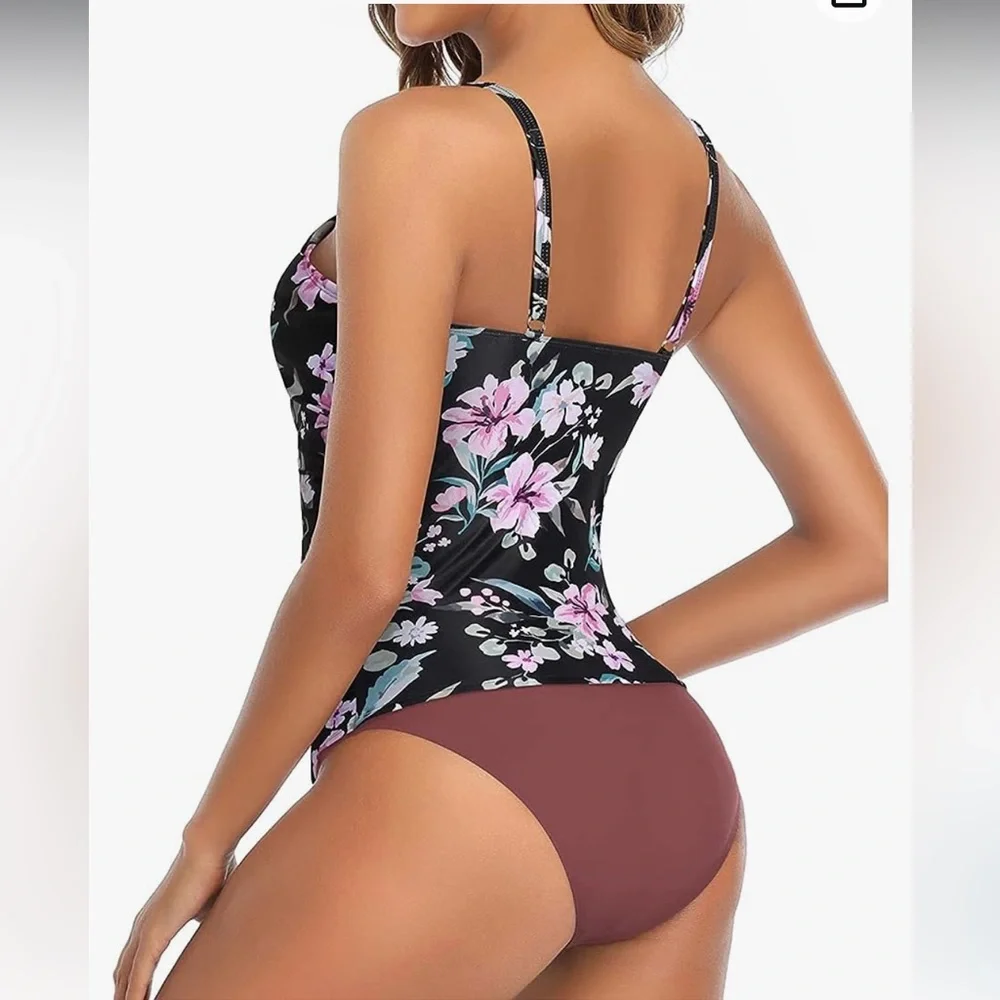 Tempt Me Two Piece Tankini  High Neck Ruched Tummy Control Top with Bottom - Picture 5 of 10